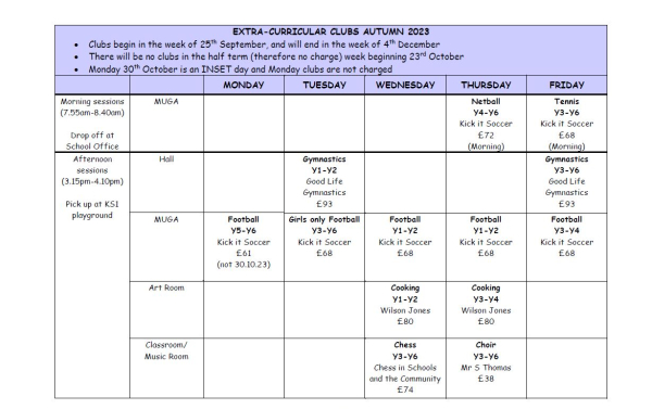 Clubs Autumn 1 2024